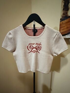 Sz Med Women’s Pac Sun Beverly and Beck Crop Short Sleeve Cream Sweater